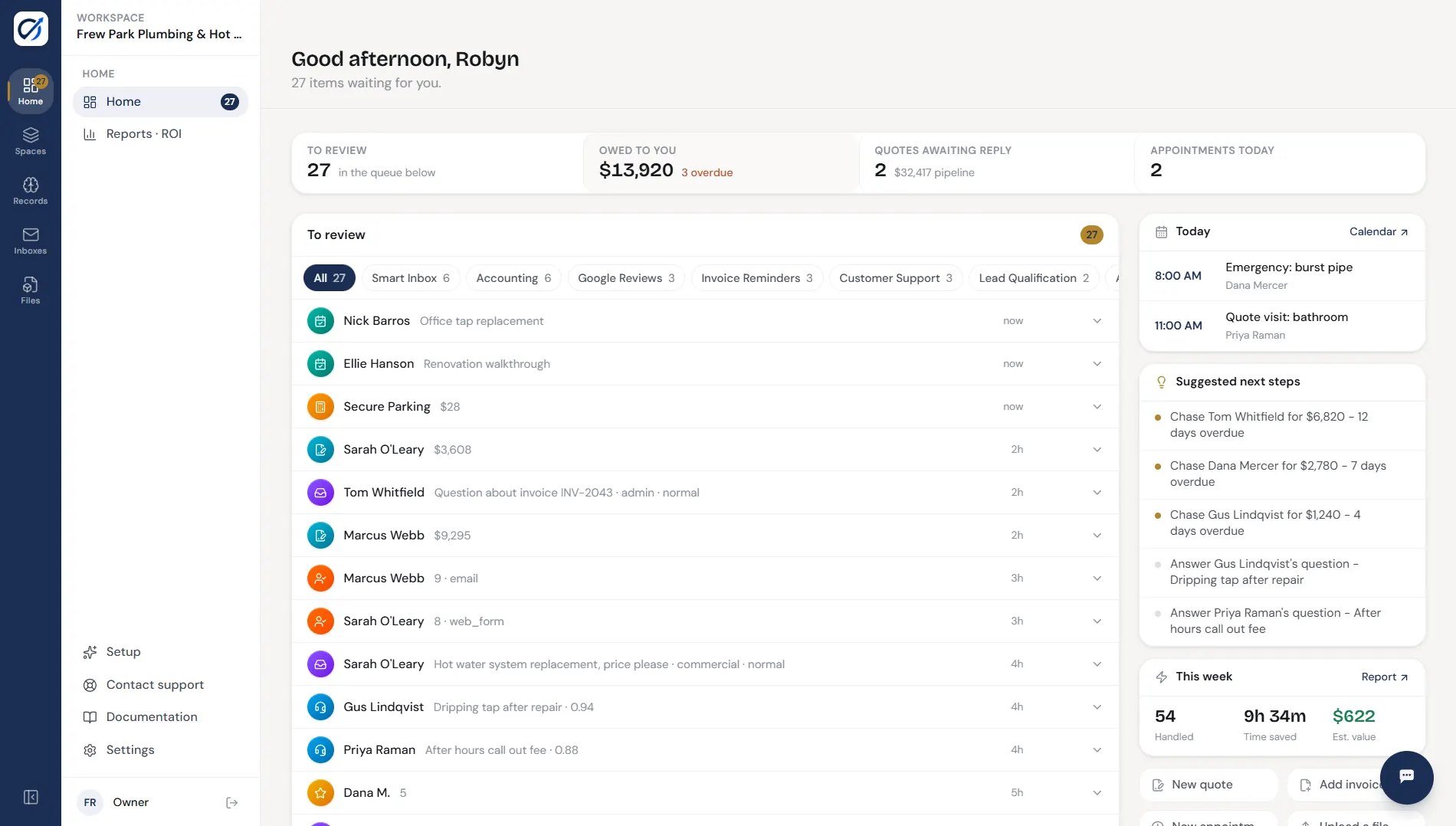 The Optiva home screen, showing the queue of work waiting for approval, the money owed, the quotes awaiting a reply and the day's appointments.