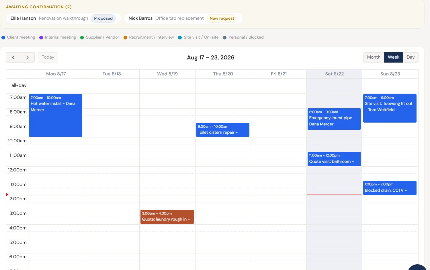 A week of confirmed jobs in the Appointments calendar, with two requests awaiting confirmation above it.
