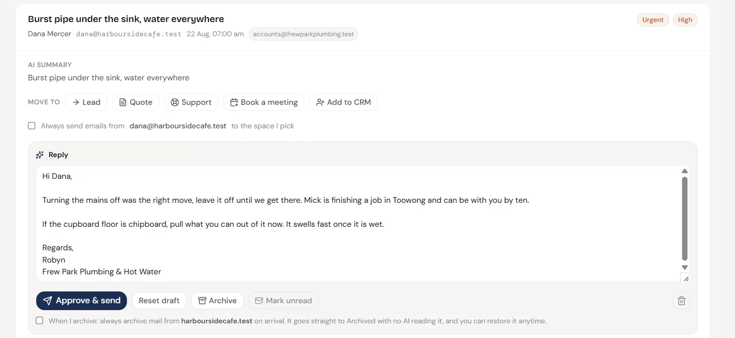 An urgent customer email in the Smart Inbox, with a drafted reply underneath it and an Approve and send button.